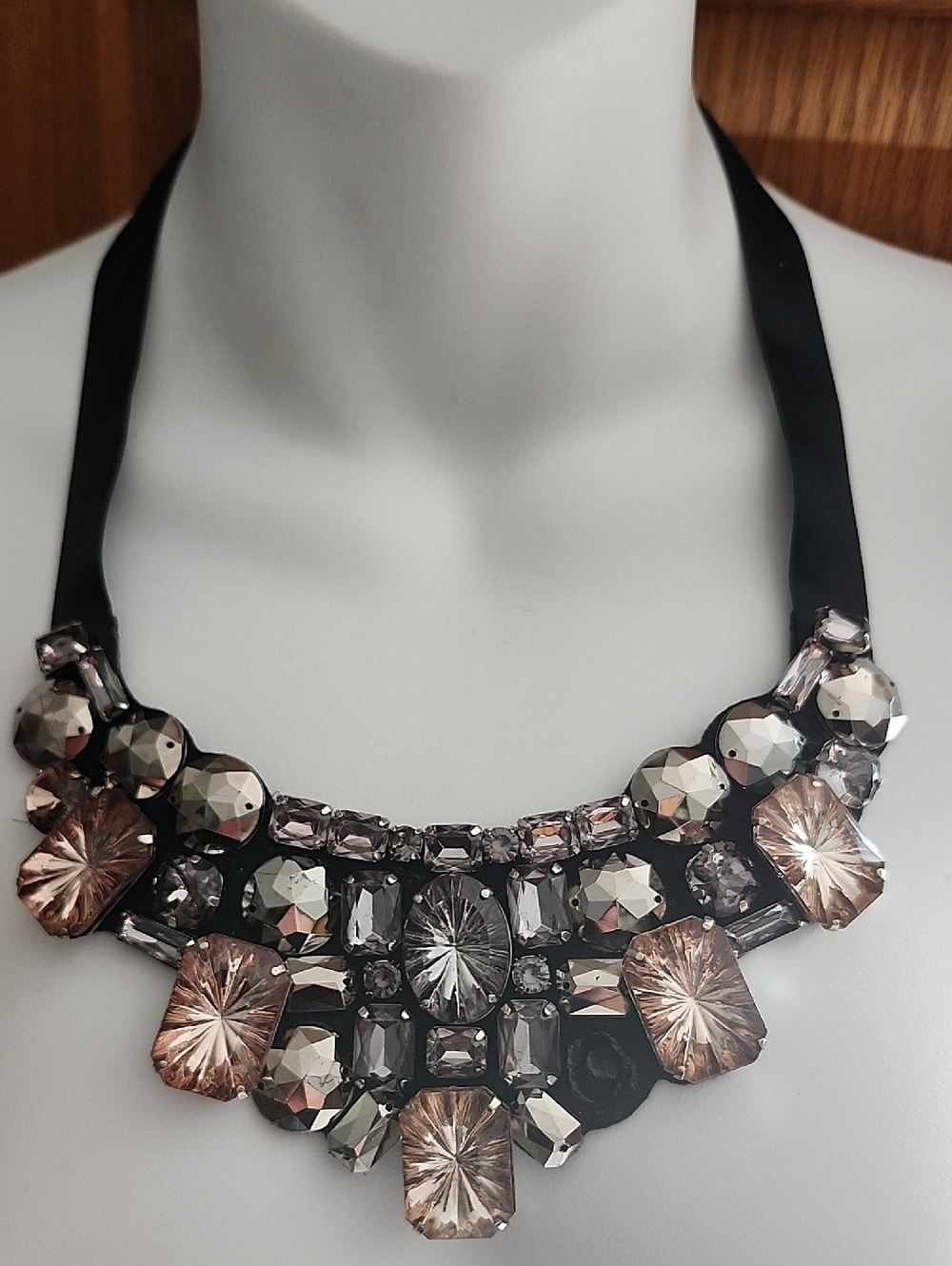 Natasha Couture Champagne & Gunmetal Crystal Bib Necklace